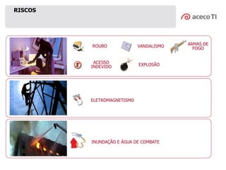 RISCOS
ELETROMAGNETISMO
INUNDAÇÃO E ÁGUA DE COMBATE
VANDALISMOROUBO
ACESSO
INDEVIDO EXPLOSÃO
ARMAS DE
FOGO
 