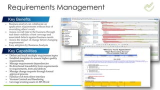 – Business analyst can collaborate on
application requirements without fear of
overriding other’s work
– Assess overall risk to the business through
real-time visibility of test coverage and
associated defects against business needs
– Assess the impact of change before changing
requirements
– Easy adoption by Business Analysts
Requirements Management
Key Benefits
Key Capabilities
– Define and track multiple requirement types
– Establish templates to ensure higher quality
requirements
– Manage requirements dependencies
– Bi-directional traceability from requirements
to requirements, tests and defects
– Manage change requests through formal
approval process
– Familiar rich test editor interface
– Version Control and Baselining
– Leverage existing assets in MS Word
 