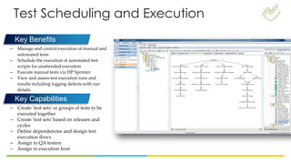 Test Scheduling and Execution
– Manage and control execution of manual and
automated tests
– Schedule the execution of automated test
scripts for unattended execution
– Execute manual tests via HP Sprinter
– View and assess test execution runs and
results including logging defects with run
details
Key Benefits
Key Capabilities
– Create ‘test sets’ or groups of tests to be
executed together
– Create ‘test sets’ based on releases and
cycles
– Define dependencies and design test
execution flows
– Assign to QA testers
– Assign to execution host
 