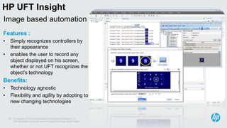 © Copyright 2012 Hewlett-Packard Development Company, L.P.
The information contained herein is subject to change without notice.
36
Image based automation
HP UFT Insight
Features :
• Simply recognizes controllers by
their appearance
• enables the user to record any
object displayed on his screen,
whether or not UFT recognizes the
object’s technology
Benefits:
• Technology agnostic
• Flexibility and agility by adopting to
new changing technologies
 