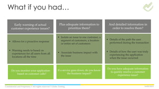 16/05/2013Confidential and Propietary // All rights reserved // Globe Testing
Early warning of actual
customer experience issues?
Plus adequate information to
prioritize them?
And detailed information in
order to resolve them?
• Allows for a proactive response
• Warning needs to based on
experiences for all users from all
locations all the time
• Isolate an issue to one customer, a
segment of customers, a location
or entire set of customers
• Associate business impact with
the issue
• Details of the path the user
performed during the transaction
• Details of how the user was truly
experiencing the application
when the issue occurred
If a service goes down, do you know
the business impact?
Do you have adequate information
to quickly resolve a customer
experience issue?
Do you monitor your application
based on customer calls?
What if you had…
 