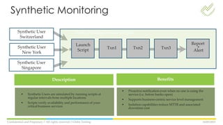 16/05/2013Confidential and Propietary // All rights reserved // Globe Testing
Synthetic User
Switzerland
Synthetic User
New York
Synthetic User
Singapore
• Synthetic Users are simulated by running scripts at
regular intervals from multiple locations
• Scripts verify availability and performance of your
critical business services
Description
• Proactive notification even when no one is using the
service (i.e. before banks open)
• Supports business-centric service level management
• Isolation capabilities reduce MTTR and associated
downtime cost
Benefits
Report
+
Alert
Launch
Script
Txn1 Txn2 Txn3
Verify Banking Service (script)
Synthetic Monitoring
 