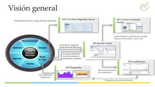 Visión general
Preparación entornos y juego de datos de prueba
Creación de requisitos
desde Business Blueprint
Automatización y ejecución de pruebas
unitarias, funcionales e inicio a fin
HP Quality Center
HP LoadRunner
Actualiza SOLMAN
con información de
ejecuciones y defectos
Ejecución de pruebas
de rendimiento
HP Diagnostics
Diagnóstico de cuellos de botella
SAP Application
Diagnostics
HP Unified Functional
Testing
SAP Test Data Migration Server
 