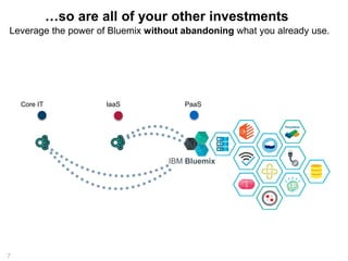 Leverage the power of Bluemix without abandoning what you already use. 
7 
…so are all of your other investments 
IaaS PaaS 
Core IT 
IBM Bluemix 
 
