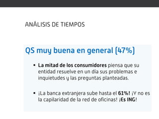 ANÁLISIS DE TIEMPOS



QS muy buena en general (47%)
   La mitad de los consumidores piensa que su
    entidad resuelve en un día sus problemas e
    inquietudes y las preguntas planteadas.

   ¡La banca extranjera sube hasta el 61%! ¡Y no es
    la capilaridad de la red de oficinas! ¡Es ING!
 