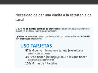 Necesidad de dar una vuelta a la estrategia de
canal

El 87% no se plantea cambios de proveedores en el corto plazo aunque es
mayor en los clientes de Caja de Ahorros.

La mitad no contenta siguen con la entidad con la que trabajan - REHENES
VÍA productos financieros.


    USO TARJETAS
         97% como mínimo una tarjeta (excluida la
           american express)
         3% no tienen (se incluye aquí a los que tienen
           tarjetas corporativas)
         10% más de 4 tarjetas
 