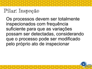 Pilar: Inspeção
Os processos devem ser totalmente
inspecionados com frequência
suficiente para que as variações
possam ser detectadas, considerando
que o processo pode ser modificado
pelo próprio ato de inspecionar
 