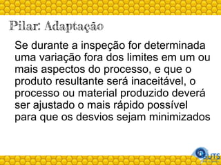 Pilar: Adaptação
Se durante a inspeção for determinada
uma variação fora dos limites em um ou
mais aspectos do processo, e que o
produto resultante será inaceitável, o
processo ou material produzido deverá
ser ajustado o mais rápido possível
para que os desvios sejam minimizados
 