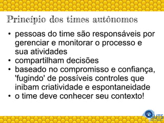 Princípio dos times autônomos
• pessoas do time são responsáveis por
gerenciar e monitorar o processo e
sua atividades
• compartilham decisões
• baseado no compromisso e confiança,
'fugindo' de possíveis controles que
inibam criatividade e espontaneidade
• o time deve conhecer seu contexto!
 