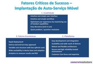 Fatores Críticos de Sucesso –
Implantação de Auto-Serviço Móvel
1. Intuitive and simple user interface
2. Intuitive and simple workflow
3. Optimized user experience by maximizing use
of handset capabilities
4. Easy discovery (and re-use)
5. Quick problem / question resolution
1. Usabilidade
1. Easy development and integration
2. Scalability and wide reach of devices
3. Robust and flexible architecture
4. Secure and high reliability hosted
environment
5. Customer Care focus and expertise
C. Plataforma
1. Rapid deployment
2. End-to-end and turn-key approach
3. Variable cost structure with low upfront costs
4. Wide availability in device base and adoption
5. Analytics to measure results and ROI
2. Fatores Econômicos
 