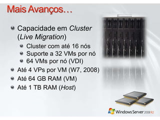 MaisAvanços…CapacidadeemCluster(Live Migration)Cluster com até 16 nósSuporte a 32 VMs pornó64 VMs pornó (VDI)Até 4 VPs por VM (W7, 2008)Até 64 GB RAM (VM)Até 1 TB RAM (Host)