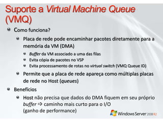 Suporte a Virtual Machine Queue (VMQ)Como funciona?Placa de redepodeencaminharpacotesdiretamentepara a memória da VM (DMA)Buffer da VM associado a uma das filasEvitacópia de pacotes no VSPEvitaprocessamento de rotas no virtual switch (VMQ Queue ID)Permiteque a placa de redeapareçacomomúltiplasplacas de rede no Host (queues)BenefíciosHost nãoprecisaque dados do DMA fiquememseuprópriobuffercaminhomaiscurtopara o I/O (ganho de performance)