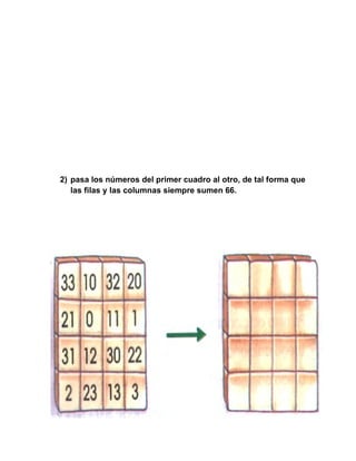 2) pasa los números del primer cuadro al otro, de tal forma que
   las filas y las columnas siempre sumen 66.
 