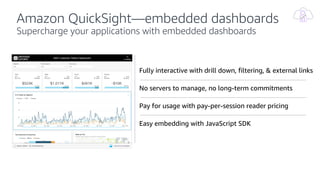 Amazon QuickSight—embedded dashboards
Supercharge your applications with embedded dashboards
Fully interactive with drill down, filtering, & external links
No servers to manage, no long-term commitments
Pay for usage with pay-per-session reader pricing
Easy embedding with JavaScript SDK
 