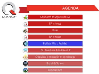 AGENDA
Soluciones de Negocios en BA
BA in house
Break
BA in house
BigData: Mito o Realidad
BSE: Análisis de Fraudes con i2
Creatividad e Innovación en los negocios
Brunch & Sorteos

Clínica de Golf

 