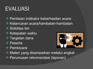 EVALUASI Penilaian indikator keberhasilan acara Kelancaran acara/hambatan-hambatan Soliditas tim Ketepatan waktu Targetan dana Peserta Pembicara Materi yang disampaikan melalui angket Perumusan rekomendasi (laporan) 