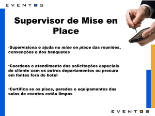 Supervisor de Mise en Place Supervisiona e ajuda no  mise en place  das reuniões, convenções e dos banquetes Coordena o atendimento das solicitações especiais do cliente com os outros departamentos ou procura em fontes fora do hotel  Certifica se os pisos, paredes e equipamentos das salas de eventos estão limpos 