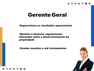Gerente   Geral Supervisiona os resultados operacionais Mantém a diretoria regularmente informada sobre o desenvolvimento da propriedade Conduz reuniões e até treinamentos 