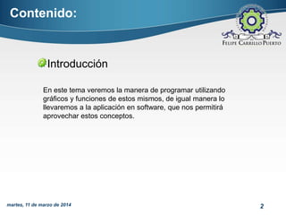 2martes, 11 de marzo de 2014
Contenido:
Introducción
En este tema veremos la manera de programar utilizando
gráficos y funciones de estos mismos, de igual manera lo
llevaremos a la aplicación en software, que nos permitirá
aprovechar estos conceptos.
 