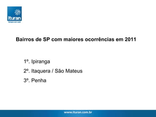 1º. Ipiranga 2º. Itaquera / São Mateus 3º. Penha Bairros de SP com maiores ocorrências em 2011 