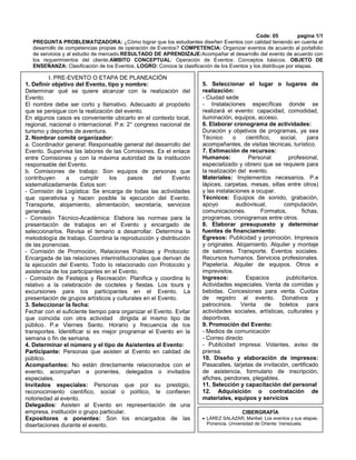 Code: 05           pagina 1/1
   PREGUNTA PROBLEMATIZADORA: ¿Cómo lograr que los estudiantes diseñen Eventos con calidad teniendo en cuenta el
   desarrollo de competencias propias de operación de Eventos? COMPETENCIA: Organizar eventos de acuerdo al portafolio
   de servicios y al estudio de mercado.RESULTADO DE APRENDIZAJE:Acompañar el desarrollo del evento de acuerdo con
   los requerimientos del cliente.AMBITO CONCEPTUAL: Operación de Eventos: Conceptos básicos. OBJETO DE
   ENSEÑANZA: Clasificación de los Eventos. LOGRO: Conoce la clasificación de los Eventos y los distribuye por etapas.

          I. PRE-EVENTO O ETAPA DE PLANEACIÓN
1. Definir objetivo del Evento, tipo y nombre:                          5. Seleccionar el lugar o lugares de
Determinar qué se quiere alcanzar con la realización del                realización:
Evento.                                                                 - Ciudad sede
El nombre debe ser corto y llamativo. Adecuado al propósito             - Instalaciones específicas donde se
que se persigue con la realización del evento.                          realizará el evento: capacidad, comodidad,
En algunos casos es conveniente ubicarlo en el contexto local,          iluminación, equipos, acceso.
regional, nacional o internacional. P.e: 2° congreso nacional de        6. Elaborar cronograma de actividades:
turismo y deportes de aventura.                                         Duración y objetivos de programas, ya sea
2. Nombrar comité organizador:                                          Técnico      o    científico,  social,     para
a. Coordinador general: Responsable general del desarrollo del          acompañantes, de visitas técnicas, turístico.
Evento. Supervisa las labores de las Comisiones. Es el enlace           7. Estimación de recursos:
entre Comisiones y con la máxima autoridad de la institución            Humanos:           Personal        profesional,
responsable del Evento.                                                 especializado y obrero que se requiere para
b. Comisiones de trabajo: Son equipos de personas que                   la realización del evento.
contribuyen     a     cumplir     los    pasos     del    Evento        Materiales: Implementos necesarios. P.e
sistematizadamente. Estos son:                                          lápices, carpetas, mesas, sillas entre otros)
- Comisión de Logística: Se encarga de todas las actividades            y las instalaciones a ocupar.
que operativisa y hacen posible la ejecución del Evento.                Técnicos: Equipos de sonido, grabación,
Transporte, alojamiento, alimentación, secretaría, servicios            apoyo         audiovisual,       computación,
generales.                                                              comunicaciones.         Formatos,       fichas,
- Comisión Técnico-Académica: Elabora las normas para la                programas, cronogramas entre otros.
presentación de trabajos en el Evento y encargado de                    8. Elaborar presupuesto y determinar
seleccionarlos. Revisa el temario a desarrollar. Determina la           fuentes de financiamiento:
metodología de trabajo. Coordina la reproducción y distribución         Egresos: Publicidad y promoción. Impresos
de las ponencias.                                                       y originales. Alojamiento. Alquiler y montaje
- Comisión de Promoción, Relaciones Públicas y Protocolo:               de salones. Transporte. Eventos sociales.
Encargada de las relaciones interinstitucionales que derivan de         Recursos humanos. Servicios profesionales.
la ejecución del Evento. Todo lo relacionado con Protocolo y            Papelería. Alquiler de equipos. Otros e
asistencia de los participantes en el Evento.                           imprevistos.
- Comisión de Festejos y Recreación: Planifica y coordina lo            Ingresos:         Espacios        publicitarios.
relativo a la celebración de cocteles y fiestas. Los tours y            Actividades especiales. Venta de comidas y
excursiones para los participantes en el Evento. La                     bebidas. Concesiones para venta. Cuotas
presentación de grupos artísticos y culturales en el Evento.            de registro al evento. Donativos y
3. Seleccionar la fecha:                                                patrocinios. Venta de boletos para
Fechar con el suficiente tiempo para organizar el Evento. Evitar        actividades sociales, artísticas, culturales y
que coincida con otra actividad dirigida al mismo tipo de               deportivas.
público. P.e Viernes Santo. Horario y frecuencia de los                 9. Promoción del Evento:
transportes. Identificar si es mejor programar el Evento en la          - Medios de comunicación
semana o fin de semana.                                                 - Correo directo
4. Determinar el número y el tipo de Asistentes al Evento:              - Publicidad impresa: Volantes, aviso de
Participante: Personas que asisten al Evento en calidad de              prensa.
público.                                                                10. Diseño y elaboración de impresos:
Acompañantes: No están directamente relacionados con el                 Pasacalles, tarjetas de invitación, certificado
evento, acompañan a ponentes, delegados o invitados                     de asistencia, formulario de inscripción,
especiales.                                                             afiches, pendones, plegables.
Invitados especiales: Personas que por su prestigio,                    11. Selección y capacitación del personal
reconocimiento científico, social o político, le confieren              12. Adquisición o contratación de
notoriedad al evento.                                                   materiales, equipos y servicios
Delegados: Asisten al Evento en representación de una
empresa, institución o grupo particular.                                                 CIBERGRAFÍA
Expositores o ponentes: Son los encargados de las                         LÁREZ SALAZAR, Maribel. Los eventos y sus etapas.
disertaciones durante el evento.                                          Ponencia. Universidad de Oriente: Venezuela.
 