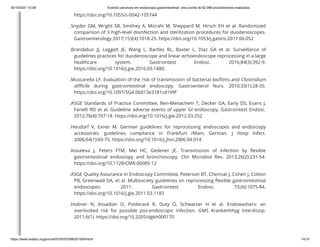 30/10/2021 10:08 Eventos adversos em endoscopia gastrointestinal: uma coorte de 62.088 procedimentos realizados
https://www.redalyc.org/journal/5705/570566201004/html/ 14/15
https://doi.org/10.1055/s-0042-105744
.Snyder GM, Wright SB, Smithey A, Mizrahi M, Sheppard M, Hirsch EH et al. Randomized
comparison of 3 high-level disinfection and sterilization procedures for duodenoscopes.
Gastroenterology 2017;153(4):1018-25. https://doi.org/10.1053/j.gastro.2017.06.052
.Brandabur JJ, Leggett JE, Wang L, Bartles RL, Baxter L, Diaz GA et al. Surveillance of
guidelines practices for duodenoscope and linear echoendoscope reprocessing in a large
healthcare system. Gastrointest Endosc. 2016;84(3):392-9.
https://doi.org/10.1016/j.gie.2016.03.1480.
.Muscarella LF. Evaluation of the risk of transmission of bacterial biofilms and Clostridium
difficile during gastrointestinal endoscopy. Gastroenterol Nurs. 2010;33(1):28-35.
https://doi.org/10.1097/SGA.0b013e3181cd199f
.ASGE Standards of Practice Committee, Ben-Menachem T, Decker GA, Early DS, Evans J,
Fanelli RD et al. Guideline adverse events of upper GI endoscopy. Gastrointest Endosc.
2012;76(4):707-18. https://doi.org/10.1016/j.gie.2012.03.252
.Heudorf V, Exner M. German guidelines for reprocessing endoscopes and endoscopy
accessories: guidelines compliance in Frankfurt /Main, German. J Hosp Infect.
2006;64(1):69-75. https://doi.org/10.1016/j.jhin.2006.04.014
.Kovaleva J, Peters FTM, Mei HC, Gedener JE. Transmission of infection by flexible
gastrointestinal endoscopy and bronchoscopy. Clin Microbiol Rev. 2013;26(2):231-54.
https://doi.org/10.1128/CMR.00085-12
.ASGE Quality Assurance In Endoscopy Committee, Peterson BT, Chennat J, Cohen J, Cotton
PB, Greenwad DA, et al. Multisociety guidelines on reprocessing flexible gastrointestinal
endoscopes: 2011. Gastrointest Endosc. 73;(6):1075-84.
https://doi.org/10.1016/j.gie.2011.03.1183
.Hubner N, Assadian O, Polderack R, Duty O, Schwarzer H et al. Endowashers: an
overlooked risk for possible pos-endoscopic infection. GMS Krankenhhyg Interdiszip.
2011;6(1). https://doi.org/10.3205/dgkh000170
 