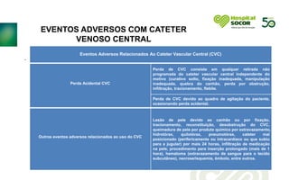 .
Eventos Adversos Relacionados Ao Cateter Vascular Central (CVC)
Perda Acidental CVC
Perda de CVC consiste em qualquer retirada não
programada do cateter vascular central independente do
motivo (curativo solto, fixação inadequada, manipulação
inadequada, quebra do canhão, perda por obstrução,
infiltração, tracionamento, flebite.
Perda de CVC devido ao quadro de agitação do paciente,
ocasionando perda acidental.
Outros eventos adversos relacionados ao uso do CVC
Lesão de pele devido ao canhão ou por fixação,
tracionamento, reconstituição, desobstrução do CVC,
queimadura de pele por produto químico por extravazamento,
hidrotórax, quilotórax, pneumotórax, cateter mal
posicionado (perifericamente ou intracardíaco ou que subiu
para a jugular) por mais 24 horas, infiltração de medicação
na pele, procedimento para inserção prolongado (mais de 1
hora), hematoma (extravazamento de sangue para o tecido
subcutâneo), necrose/isquemia, êmbolo, entre outros.
EVENTOS ADVERSOS COM CATETER
VENOSO CENTRAL
 