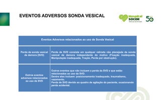 EVENTOS ADVERSOS SONDA VESICAL
Eventos Adversos relacionados ao uso de Sonda Vesical
Perda de sonda vesical
de demora (SVD)
Perda de SVD consiste em qualquer retirada não planejada da sonda
vesical de demora independente do motivo (Fixação inadequada,
Manipulação inadequada, Tração, Perda por obstrução).
Outros eventos
adversos relacionados
ao uso da SVD
Outros eventos que não incluem a perda da SVD e que estão
relacionados ao uso da SVD.
Dentre eles incluem: posicionamento inadequado, traumatismo,
vazamento.
Perda de SVD devido ao quadro de agitação do paciente, ocasionando
perda acidental.
 