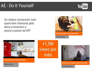 AE - Do It Yourself
+1,5M
views por
mês
Como decorar uma cozinha pequena
Helenice Costa
Decore seu quarto | Faça você mesma
Taciele Alcolea
Como fazer seu próprio adesivo de parede
Carina Fernandes
Os vídeos conversam com
quem tem interesse pelo
tema e mostram o
passo-a-passo do DIY
 