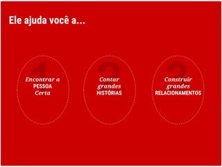 Ele ajuda você a...
1Encontrar a
PESSOA
Certa 2Contar
grandes
HISTÓRIAS 3Construir
grandes
RELACIONAMENTOS
 