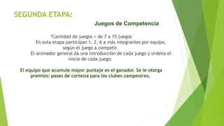 SEGUNDA ETAPA:
*Cantidad de juegos = de 7 a 15 juegos
En esta etapa participan 1, 2, 6 a más integrantes por equipo,
según el juego a competir.
El animador general da una introducción de cada juego y ordena el
inicio de cada juego.
El equipo que acumule mayor puntaje es el ganador. Se le otorga
premios: pases de cortesía para los clubes campestres.
Juegos de Competencia
 