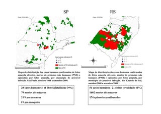 Mapa de distribuição dos casos humanos confirmados de febre
amarela silvestre, mortes de primatas não humanos (PNH) e
epizootias por febre amarela, por município de provável
infecção. São Paulo, outubro/2008 a setembro/2009.
Mapa de distribuição dos casos humanos confirmados
de febre amarela silvestre, mortes de primatas não
humanos (PNH) e epizootias por febre amarela, por
município de provável infecção. Rio Grande do Sul,
outubro/2008 a setembro/2009.
51 casos humanos / 21 óbitos (letalidade 41%)
1602 mortes de macacos
174 epizootias confirmadas
28 casos humanos / 11 óbitos (letalidade 39%)
79 mortes de macacos
2 FA em macacos
FA em mosquito
SP RS
Fonte: SVS/MS Fonte: SVS/MS
 