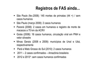 Registros de FAS ainda...
São Paulo (fev.2008): 145 mortes de primatas (44 +) / sem
casos humanos
São Paulo (março 2008): 2 casos humanos
Paraná (2008): 2 casos em humanos e registro de morte de
macacos a 70 km da ACRV
Goiás (2008): 16 casos humanos, circulação viral em PNH e
vetor silvestre
Minas Gerais (2008 e 2009): municípios de Unaí e Ubá,
respectivamente
Pará e Mato Grosso do Sul (2010): 2 casos humanos
2011 – 2 casos confirmados – Amazônia brasileira
2012 e 2013*: sem casos humanos confirmados
 