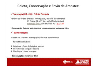 Sorologia (HA e HI): Coleta Pareada
Período da coleta: 1º dia da investigação/ durante atendimento
2º Coleta: 10 a 15 dias após (Titulação 4x>)
Sorologia Única com título de AC´s > 1/128
- Conservação: Tubo de poliestireno de tampa rosqueada ou tubo de vidro
Bacteriologia:
Coletar no 1º dia da investigação/ durante atendimento
Forma Clínica/Material:
Bubônica – Suco de bubão e sangue
Pneumônica: sangue e escarro
Meníngea: Líquor e sangue
- Conservação: meio Cary-Blair
Coleta, Conservação e Envio de Amostra:
 