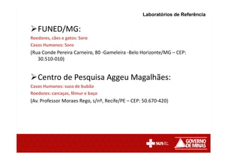 FUNED/MG:
Roedores, cães e gatos: Soro
Casos Humanos: Soro
(Rua Conde Pereira Carneiro, 80 -Gameleira -Belo Horizonte/MG – CEP:
30.510-010)
Centro de Pesquisa Aggeu Magalhães:
Casos Humanos: suco de bubão
Roedores: carcaças, fêmur e baço
(Av. Professor Moraes Rego, s/nº, Recife/PE – CEP: 50.670-420)
Laboratórios de Referência
 