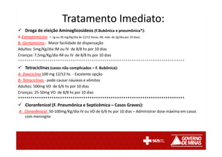 Droga de eleição Aminoglicosídeos (F.Bubônica e pneumônica*):
A-Estreptomicina – 1g ou 30 mg/Kg/dia de 12/12 horas, IM, máx. de 2g/dia por 10 dias).
B- Gentamicina - Maior facilidade de dispensação
Adultos: 5mg/Kg/dia IM ou IV de 8/8 hs por 10 dias
Crianças: 7,5mg/Kg/dia IM ou IV de 8/8 hs por 10 dias
*******************************************************************************
Tetraciclinas (casos não complicados – F. Bubônica):
A- Doxiciclina 100 mg 12/12 hs - Excelente opção
B- Tetraciclinas - pode causar náuseas e vômitos
Adultos: 500mg VO de 6/6 hs por 10 dias
Crianças: 25-50mg VO de 8/8 hs por 10 dias
*******************************************************************************
Cloranfenicol (F. Pneumônica e Septicêmica – Casos Graves):
A- Cloranfenicol 50-100mg/Kg/dia IV ou VO de 6/6 hs por 10 dias – Administrar dose máxima em casos
com meningite
Tratamento Imediato:
 