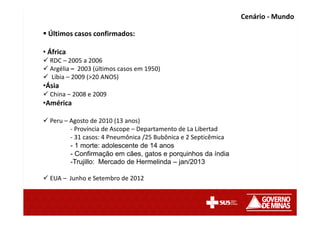 Últimos casos confirmados:
• África
RDC – 2005 a 2006
Argélia – 2003 (últimos casos em 1950)
Líbia – 2009 (>20 ANOS)
•Ásia
China – 2008 e 2009
•América
Peru – Agosto de 2010 (13 anos)
- Província de Ascope – Departamento de La Libertad
- 31 casos: 4 Pneumônica /25 Bubônica e 2 Septicêmica
- 1 morte: adolescente de 14 anos
- Confirmação em cães, gatos e porquinhos da índia
-Trujillo: Mercado de Hermelinda – jan/2013
EUA – Junho e Setembro de 2012
Cenário - Mundo
 