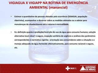 VIGIAGUA X VIGIAPP NA ROTINA DE EMERGÊNCIA
AMBIENTAL (manancial)
• Estimar o quantitativo de pessoas afetadas pela ocorrência (SISAGUA, população
ribeirinha), acompanhar e discorrer sobre as medidas adotadas ou a adotar para
manutençao do abastecimento até o retorno à normalidade.
• Ex: definição quanto à proibição/restrição do uso da água para consumo humano; solução
alternativa local viável e segura, inspeção sanitária de urgência e análises dos parâmetros
correspondentes à normativa vigente; orientação aos consumidores sobre a situação e o
manejo adequado da água fornecida alternativamente, para consumo racional e seguro,
etc.
 
