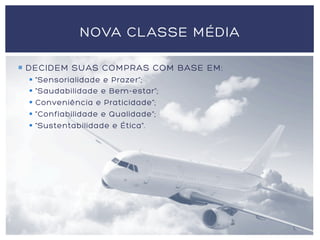 ¡  DECIDEM SUAS COMPRAS COM BASE EM:
§  "Sensorialidade e Prazer”;
§  "Saudabilidade e Bem-estar”;
§  Conveniência e Praticidade”;
§  "Confiabilidade e Qualidade”;
§  "Sustentabilidade e Ética".
NOVA CLASSE MÉDIA
 
