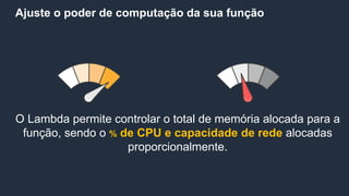 Ajuste o poder de computação da sua função
O Lambda permite controlar o total de memória alocada para a
função, sendo o % de CPU e capacidade de rede alocadas
proporcionalmente.
 