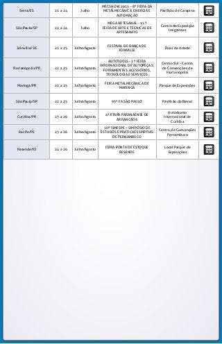 Serra/ES 21 a 24 Julho
MECSHOW 2015 - 8ª FEIRA DA
METALMECÂNICA, ENERGIA E
AUTOMAÇÃO
Pavilhão de Carapina
São Paulo/SP 22 a 24 Julho
MEGA ARTESANAL - 15ª
FEIRA DE ARTE E TÉCNICAS DE
ARTESANATO
Centro de Exposição
Imigrantes
Joinville/SC 22 a 25 Julho/Agosto
FESTIVAL DE DANÇA DE
JOINVILLE
Ruas da cidade
Florianópolis/PR 22 a 25 Julho/Agosto
AUTOTOOLS - 2ª FEIRA
INTERNACIONAL DE AUTOPEÇAS,
FERRAMENTAS, ACESSÓRIOS,
TECNOLOGIA E SERVIÇOS
Centro Sul - Centro
de Convenções de
Florianópolis
Maringá/PR 22 a 25 Julho/Agosto
FEIRA METALMECÂNICA DE
MARINGÁ
Parque de Exposições
São Paulo/SP 22 a 25 Julho/Agosto 93ª FA SÃO PAULO Pavilhão da Bienal
Curitiba/PR 23 a 26 Julho/Agosto
4ª ETAPA PARANAENSE DE
ARRANCADA
Autódromo
Internacional de
Curitiba
Recife/PE 23 a 26 Julho/Agosto
10º SIMESPE – SIMPÓSIO DE
ESTUDOS E PRATICAS ESPÍRITAS
DE PERNAMBUCO
Centro de Convenções
Pernambuco
Resende/RJ 24 a 26 Julho/Agosto
FEIRA PONTA DE ESTOQUE
RESENDE
Local Parque de
Exposições
 