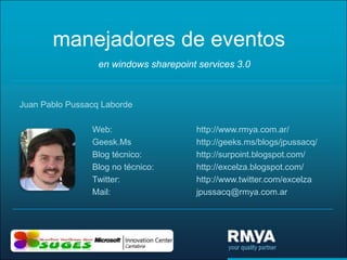 manejadores de eventos en windows sharepoint services 3.0 Web: 			http://www.rmya.com.ar/ Geesk.Ms		http://geeks.ms/blogs/jpussacq/ Blog técnico:		http://surpoint.blogspot.com/ Blog no técnico:		http://excelza.blogspot.com/ Twitter:			http://www.twitter.com/excelza Mail:			jpussacq@rmya.com.ar Juan Pablo Pussacq Laborde 