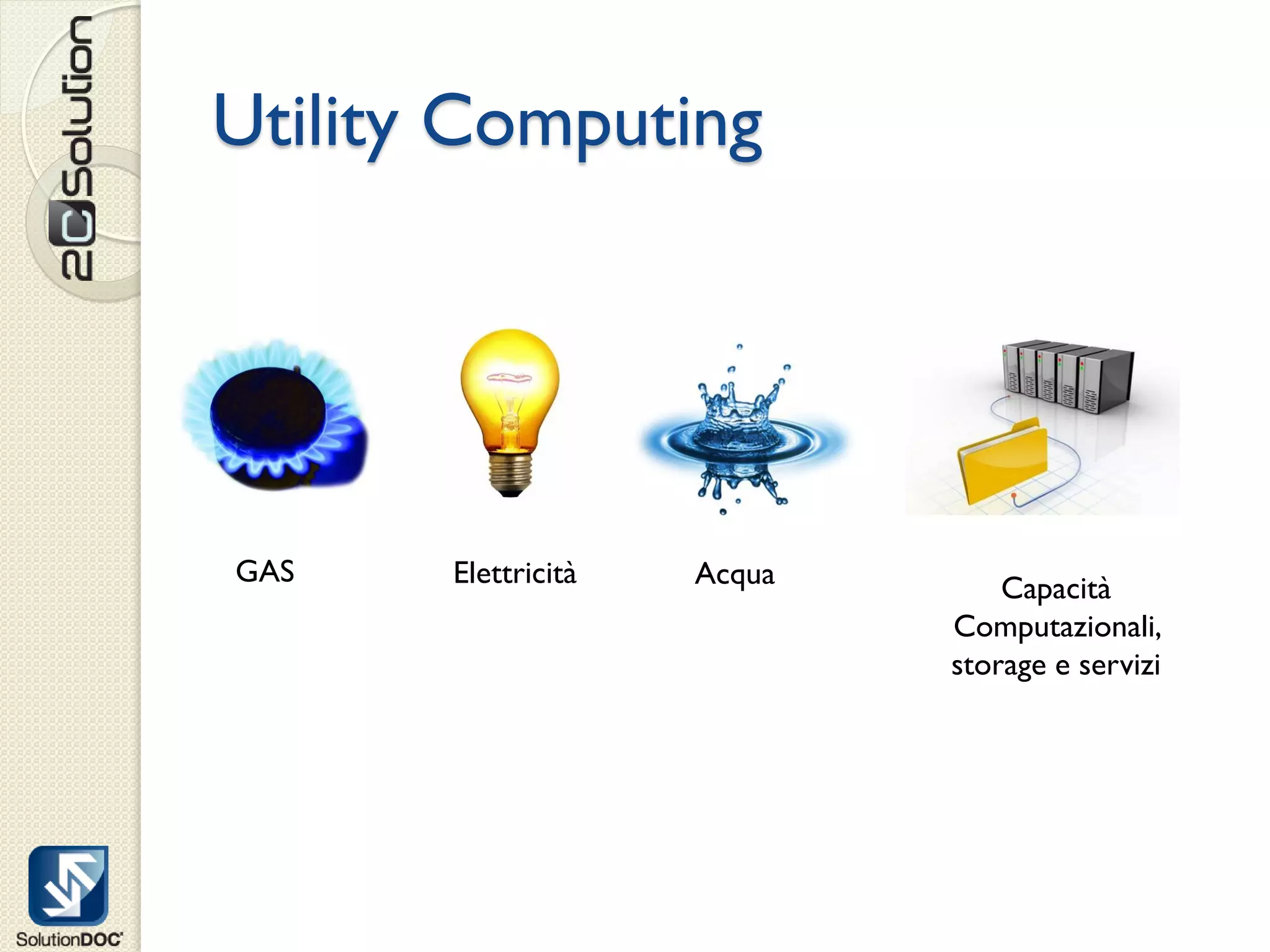 Utility Computing




GAS    Elettricità   Acqua       Capacità
                             Computazionali,
                             storage e servizi
 