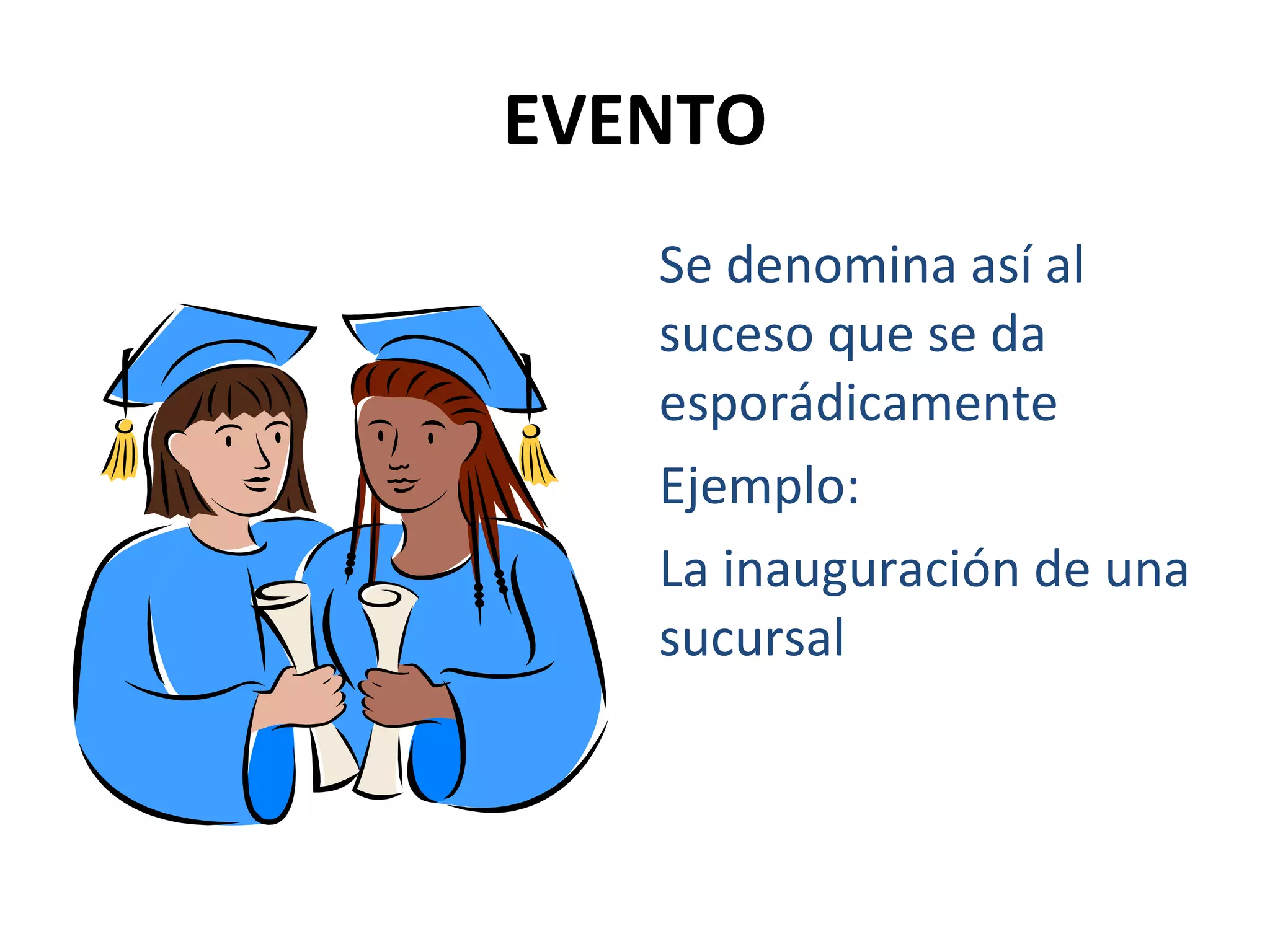 EVENTO Se denomina así al suceso que se da esporádicamente Ejemplo: La inauguración de una sucursal 