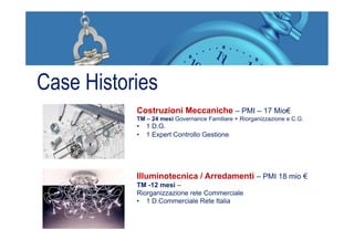 Case Histories
Costruzioni Meccaniche – PMI – 17 Mio€
TM – 24 mesi Governance Familiare + Riorganizzazione e C.G.
•  1 D.G.
•  1 Expert Controllo Gestione
Illuminotecnica / Arredamenti – PMI 18 mio €
TM -12 mesi –
Riorganizzazione rete Commerciale
•  1 D.Commerciale Rete Italia
 