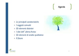  
	
  
	
  
	
  
	
  
	
  
	
  
Agenda
}  Le principali caratteristiche
}  I soggetti coinvolti
}  Gli elementi distintivi
}  I dati dell’ultimo Avviso
}  Gli elementi di analisi qualitativa
}  Il futuro
4
 