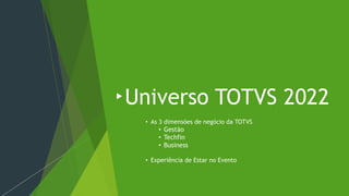 Universo TOTVS 2022
• As 3 dimensões de negócio da TOTVS
• Gestão
• Techfin
• Business
• Experiência de Estar no Evento
 