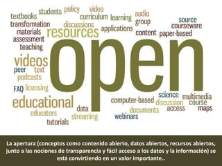 La apertura (conceptos como contenido abierto, datos abiertos, recursos abiertos, 
junto a las nociones de transparencia y...
