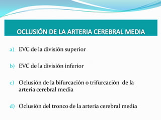 a) EVC de la división superior


b) EVC de la división inferior


c) Oclusión de la bifurcación o trifurcación de la
   arteria cerebral media

d) Oclusión del tronco de la arteria cerebral media
 