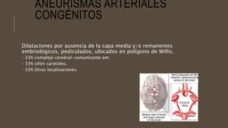 ANEURISMAS ARTERIALES
CONGÉNITOS
Dilataciones por ausencia de la capa media y/o remanentes
embriológicos, pediculados, ubicados en polígono de Willis.
 33% complejo cerebral-comunicante ant.
 33% sifón carotideo.
 33% Otras localizaciones.
 